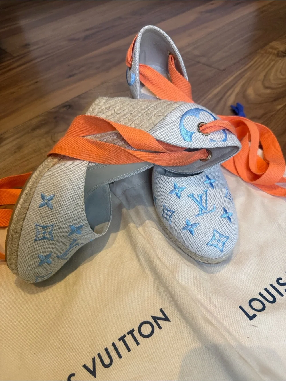 Louis Vuitton Women's White & Blue Espadrille Wedge Sandals